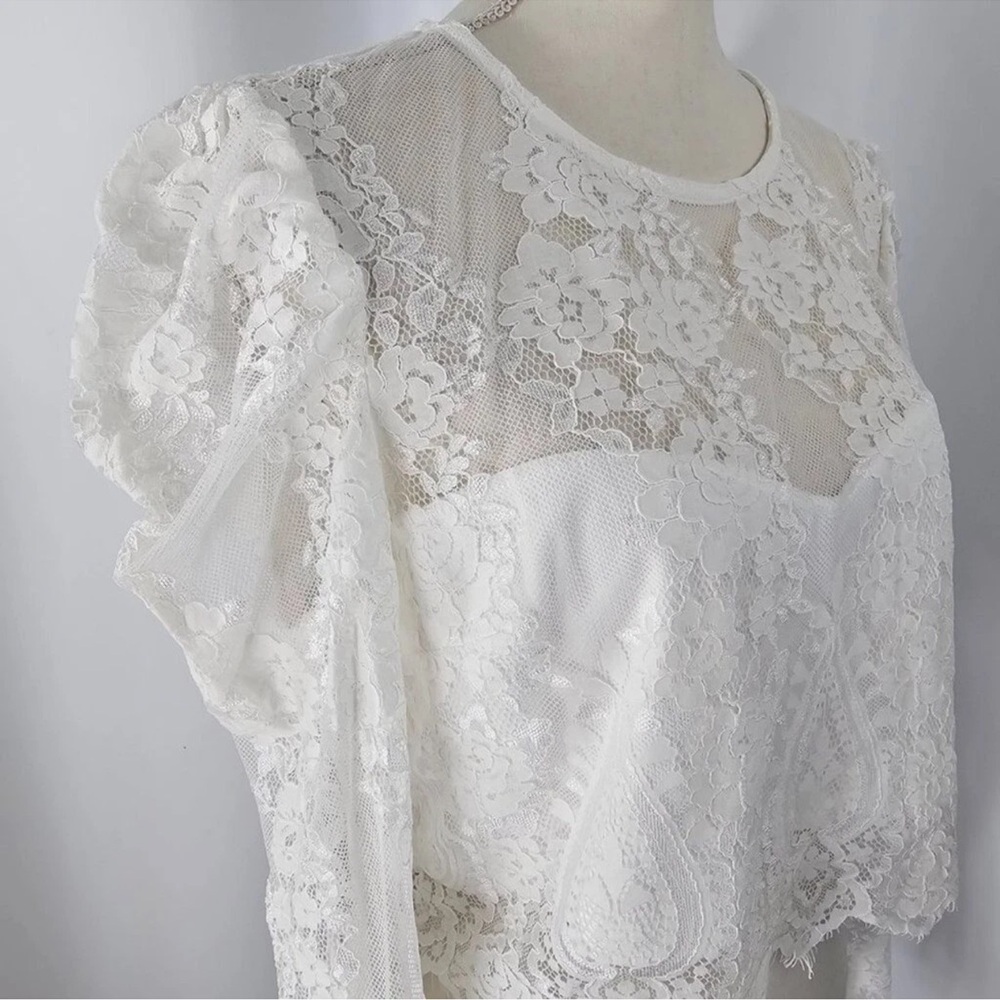 Lulus Women's Ivory Lace Long Puff Sleeve Cropped Blouse Size Medium - Picture 13 of 14